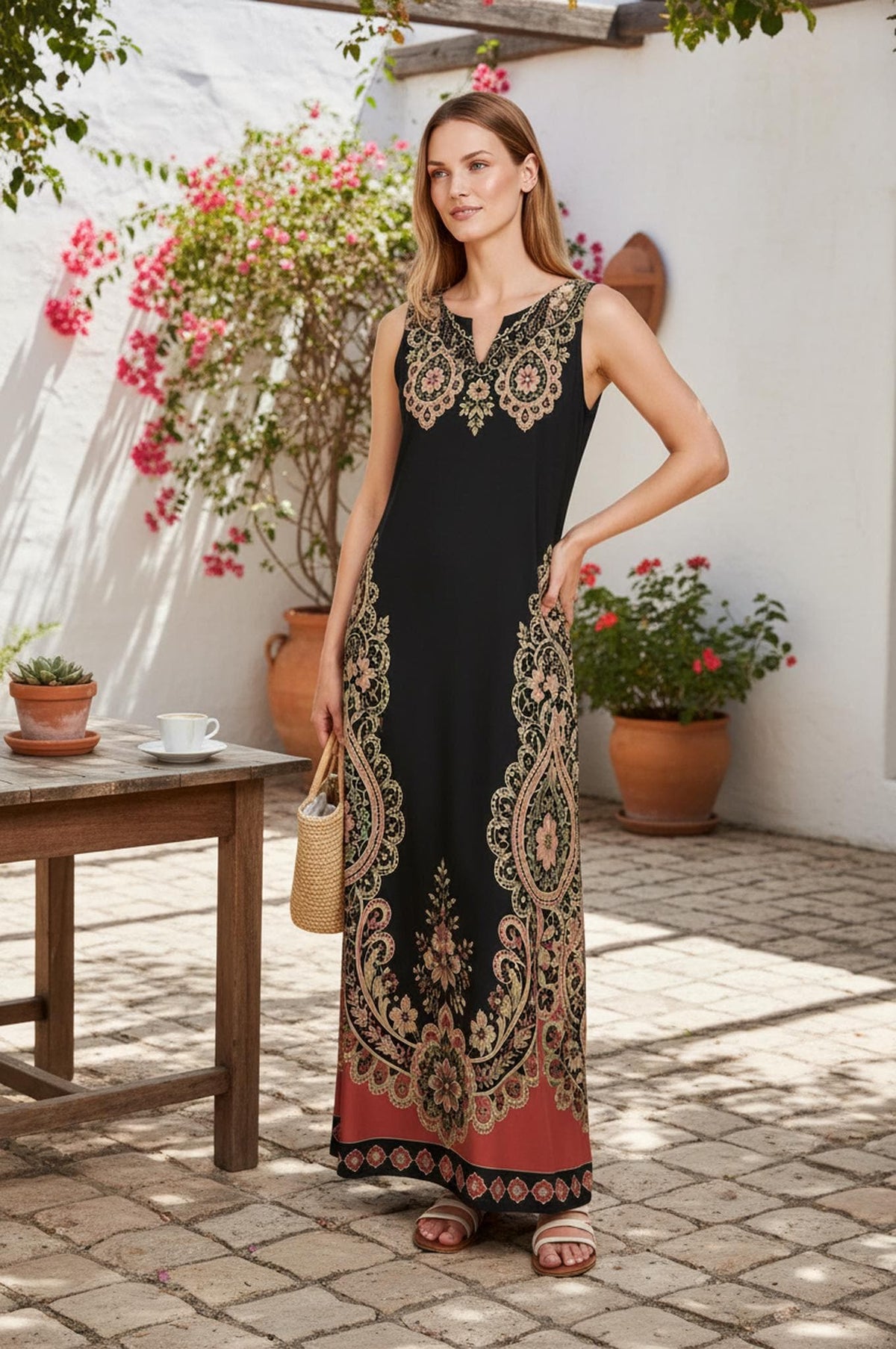 Black Rust Floral Border Print Maxi Dress, Sleeveless A-Line Resort Vacation Summer Dress