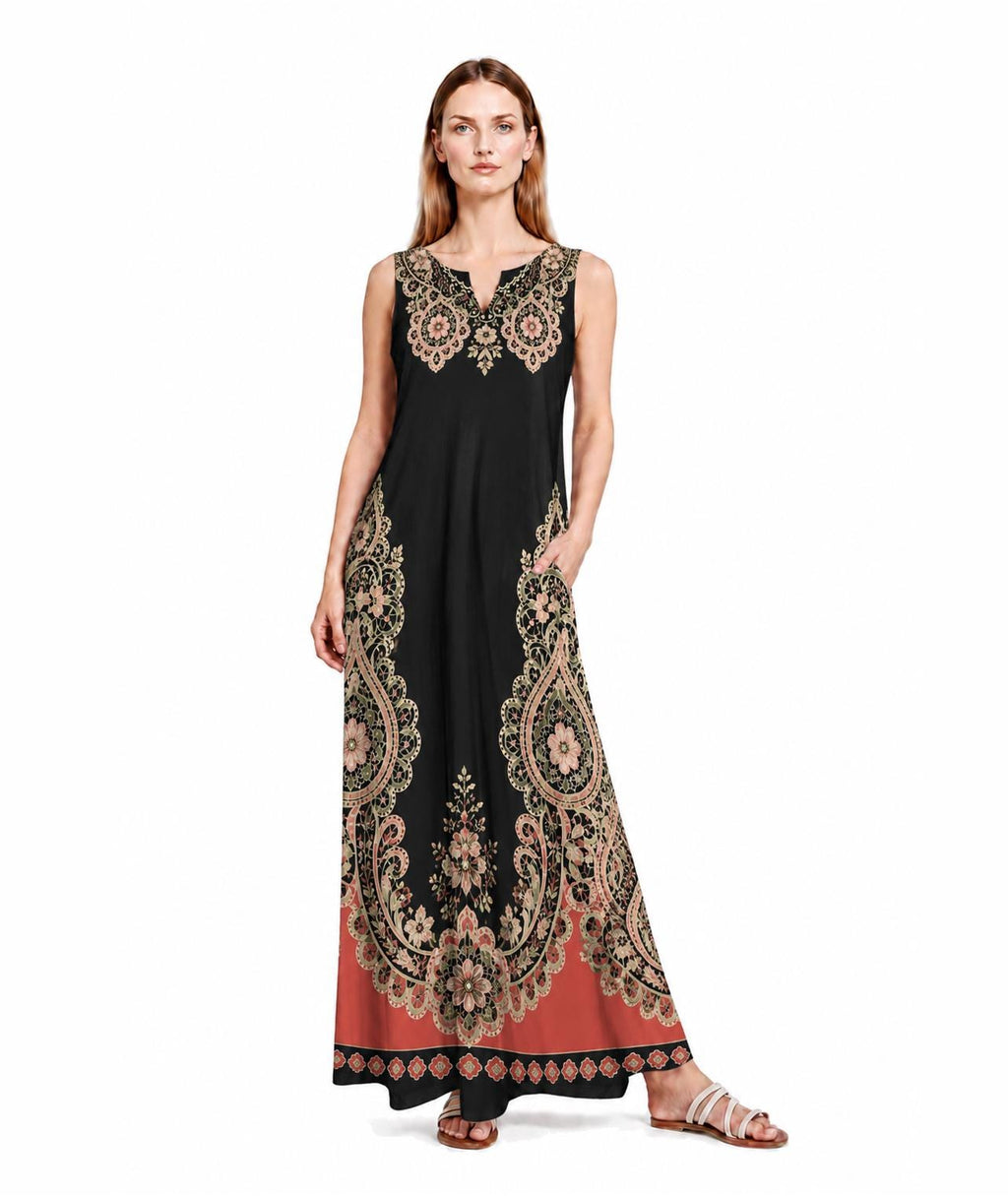 Black Rust Floral Border Print Maxi Dress, Sleeveless A-Line Resort Vacation Summer Dress