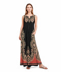 Black Rust Floral Border Print Maxi Dress, Sleeveless A-Line Resort Vacation Summer Dress