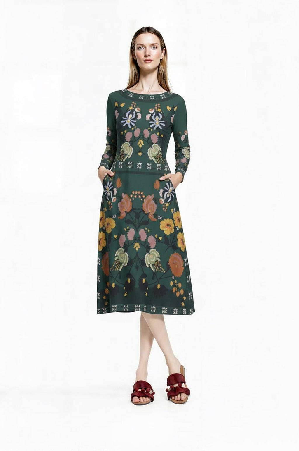 Dark Green Floral Midi Dress, Long Sleeve A-Line Folk Print, Garden Party Pocket Dress