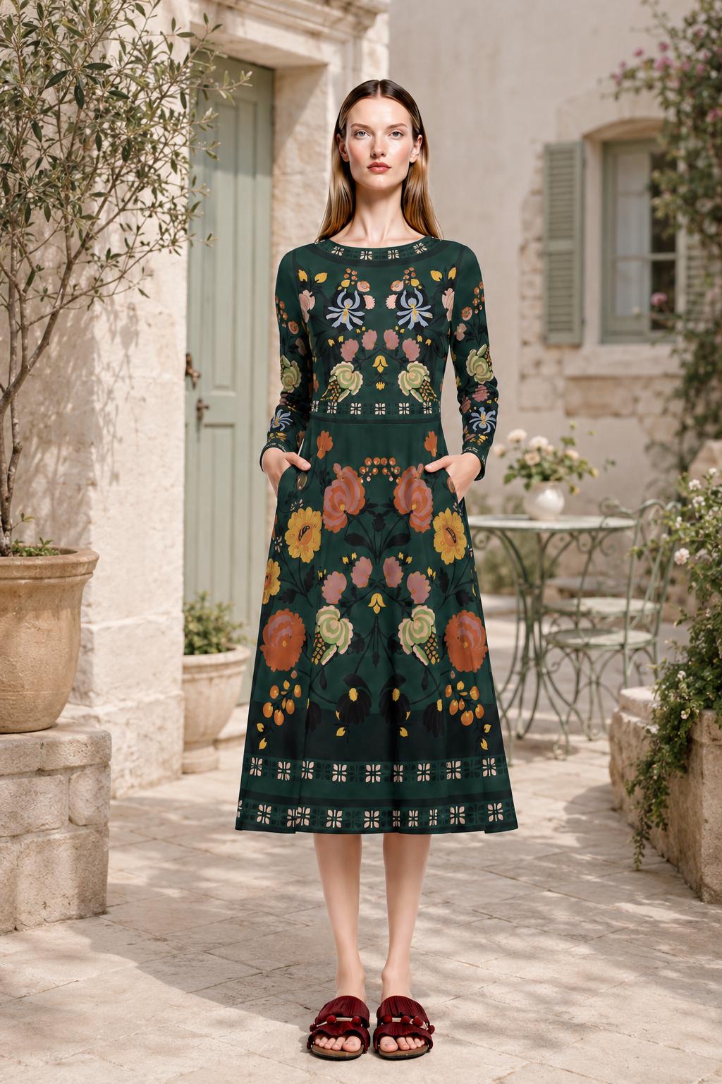 Dark Green Floral Midi Dress, Long Sleeve A-Line Folk Print, Garden Party Pocket Dress