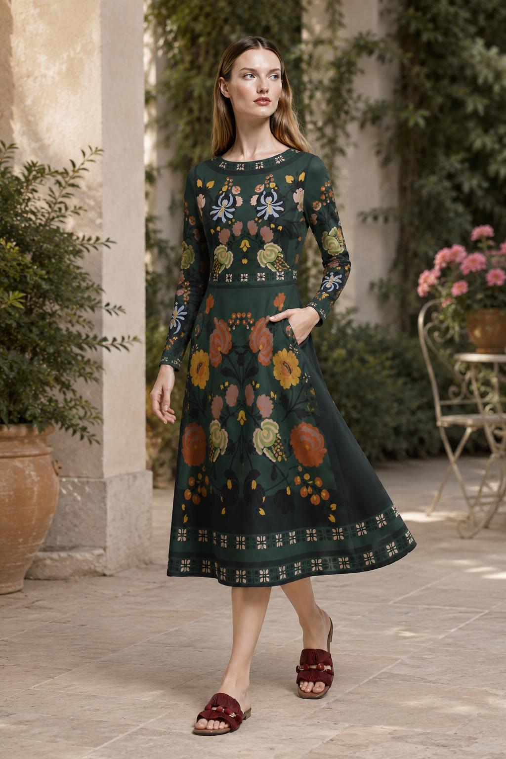 Dark Green Floral Midi Dress, Long Sleeve A-Line Folk Print, Garden Party Pocket Dress
