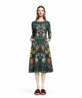 Dark Green Floral Midi Dress, Long Sleeve A-Line Folk Print, Garden Party Pocket Dress