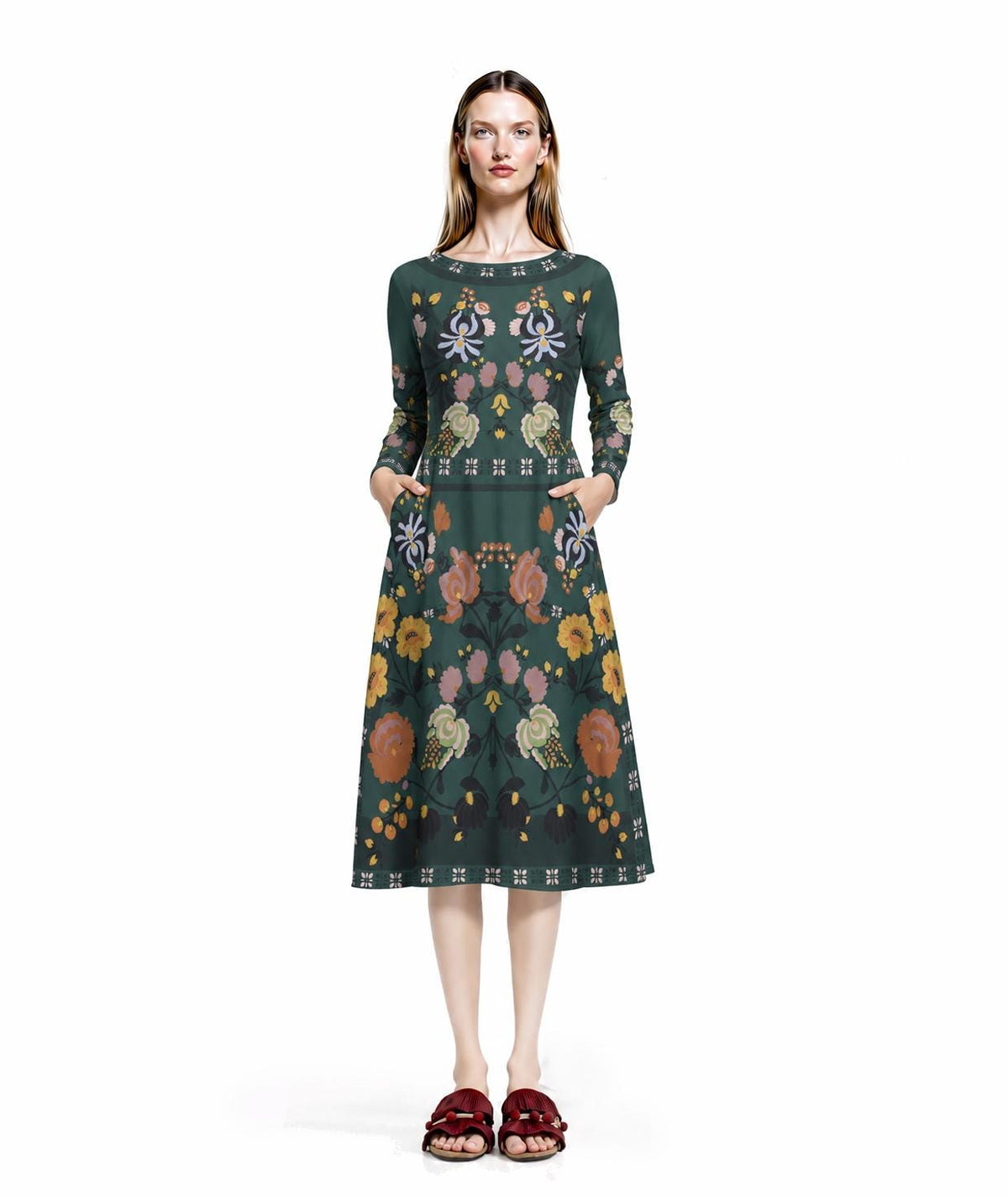 Dark Green Floral Midi Dress, Long Sleeve A-Line Folk Print, Garden Party Pocket Dress