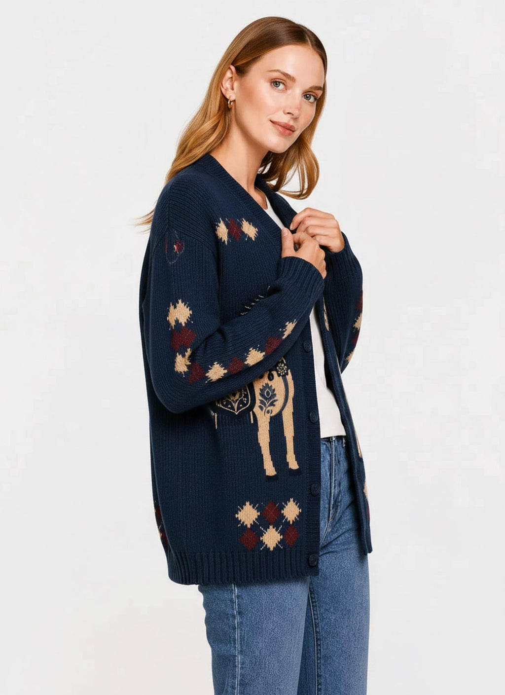 Blue Horse Knit Cardigan, Western Button Front Sweater, Ribbed Fall Layering Top
