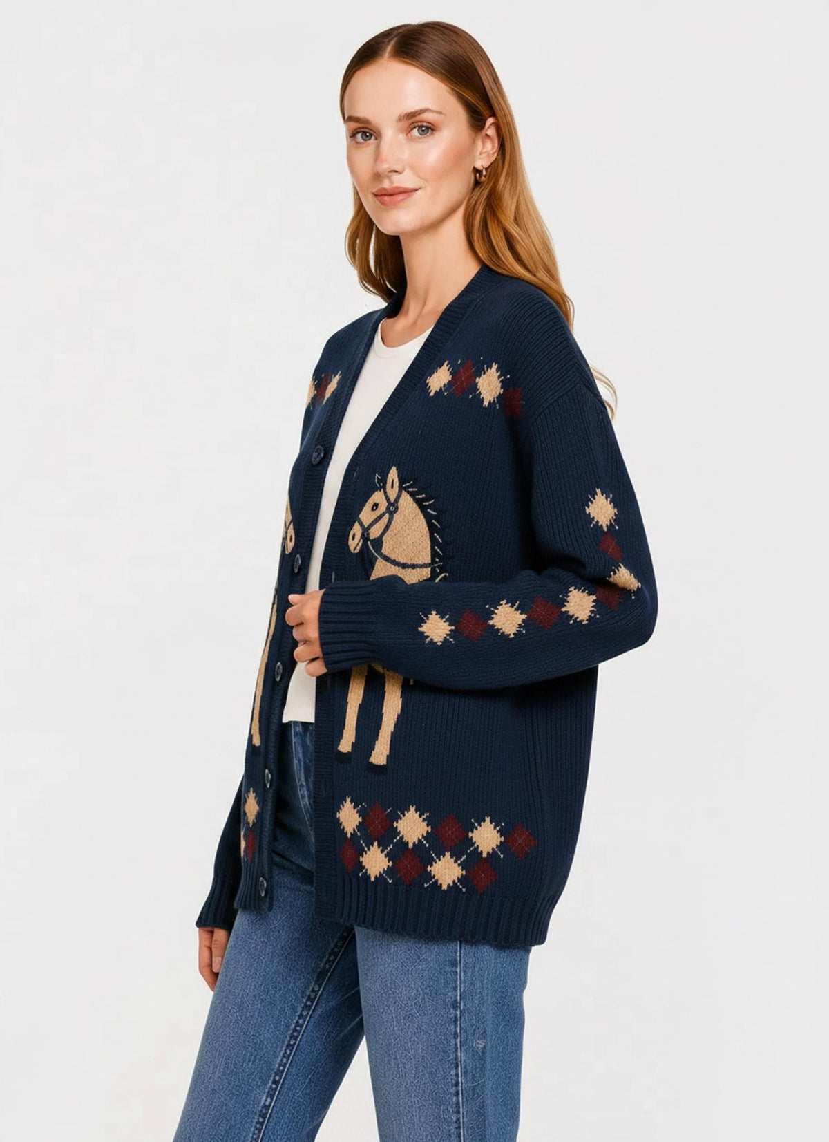 Blue Horse Knit Cardigan, Western Button Front Sweater, Ribbed Fall Layering Top