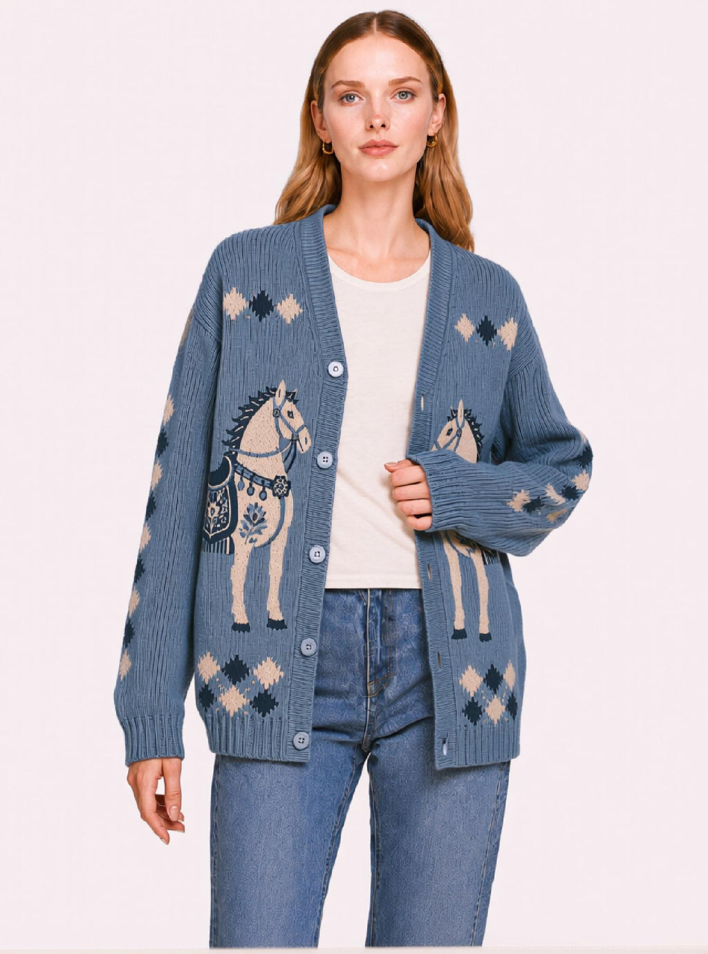 Blue Horse Knit Cardigan, Western Button Front Sweater, Ribbed Fall Layering Top