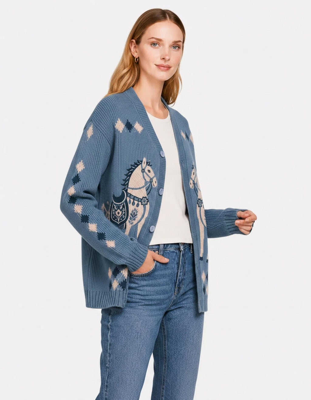Blue Horse Knit Cardigan, Western Button Front Sweater, Ribbed Fall Layering Top