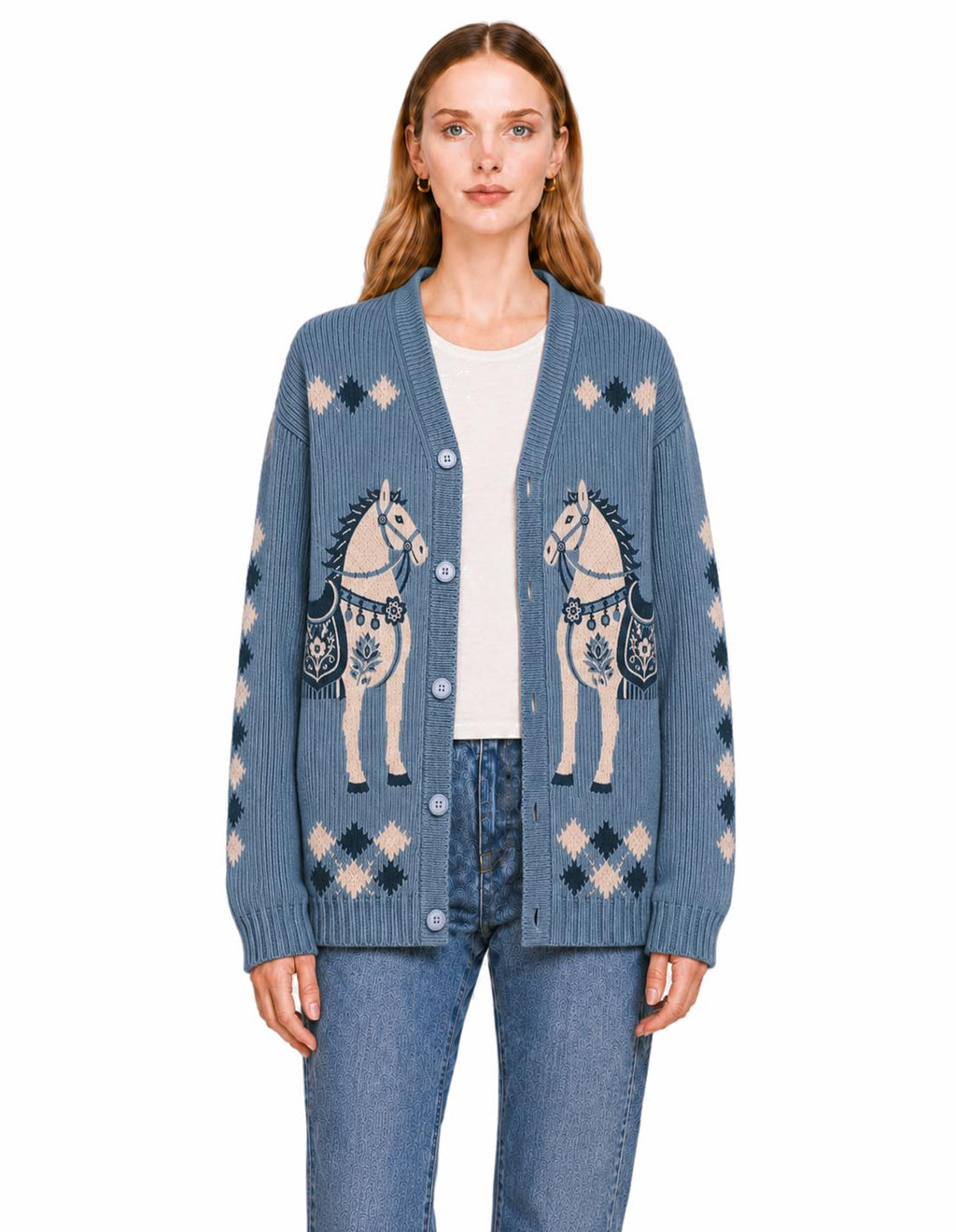 Blue Horse Knit Cardigan, Western Button Front Sweater, Ribbed Fall Layering Top