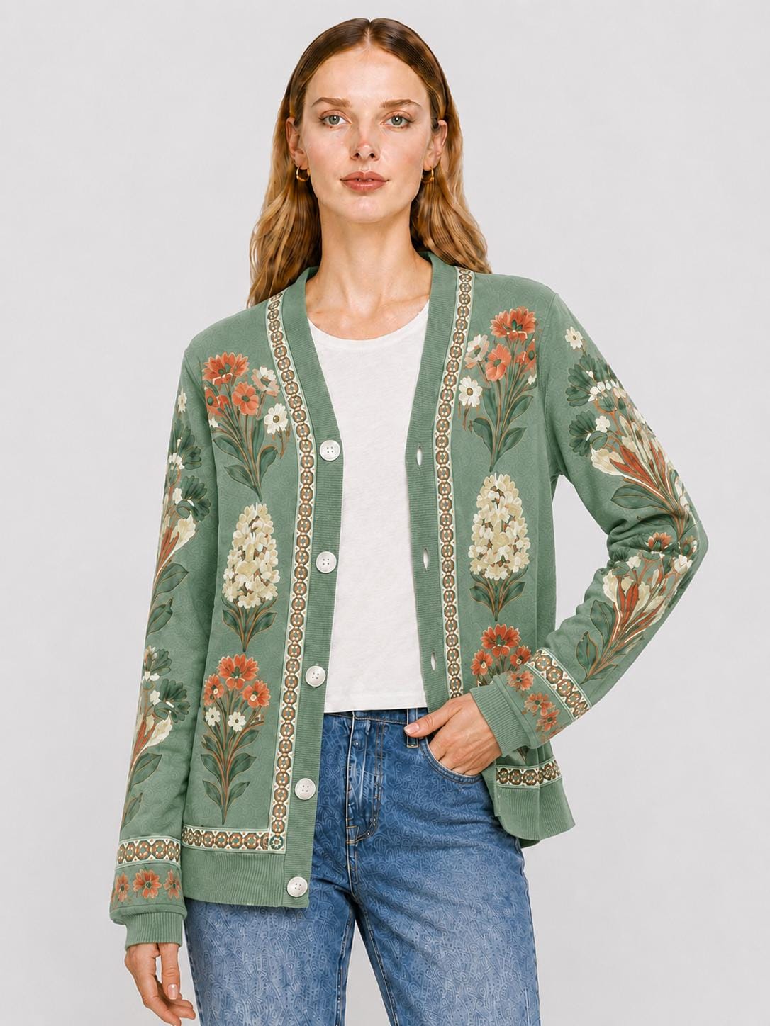 Sage Green Floral Cardigan with Patterned Trim, V-Neck and Button Front
