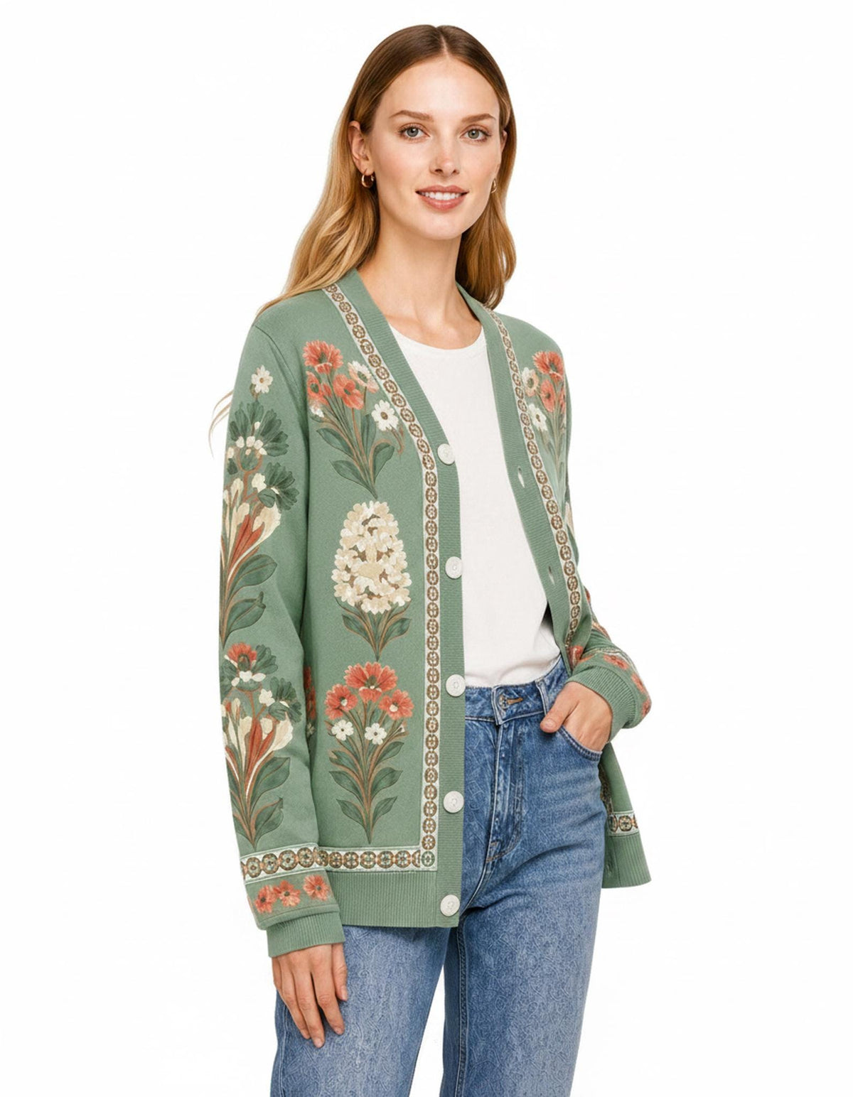 Sage Green Floral Cardigan with Patterned Trim, V-Neck and Button Front