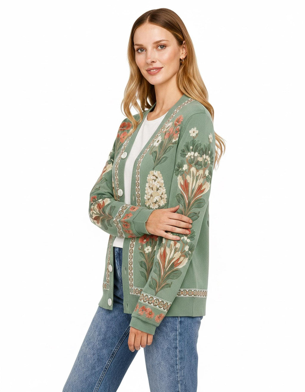 Sage Green Floral Cardigan with Patterned Trim, V-Neck and Button Front