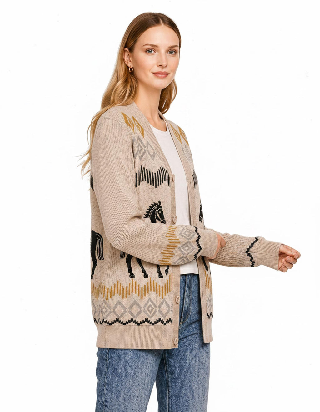 Beige Horse Knit Cardigan, Western Button Front Sweater, Diamond Border Detail