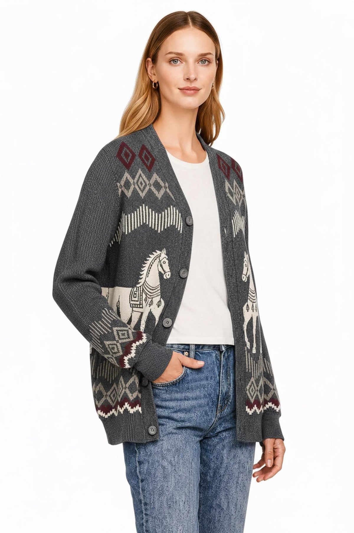 Beige Horse Knit Cardigan, Western Button Front Sweater, Diamond Border Detail