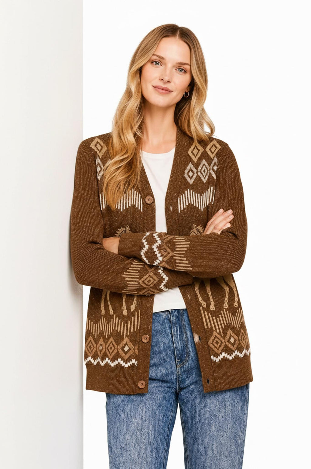 Beige Horse Knit Cardigan, Western Button Front Sweater, Diamond Border Detail