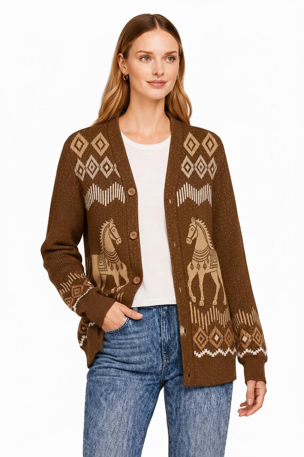 Beige Horse Knit Cardigan, Western Button Front Sweater, Diamond Border Detail