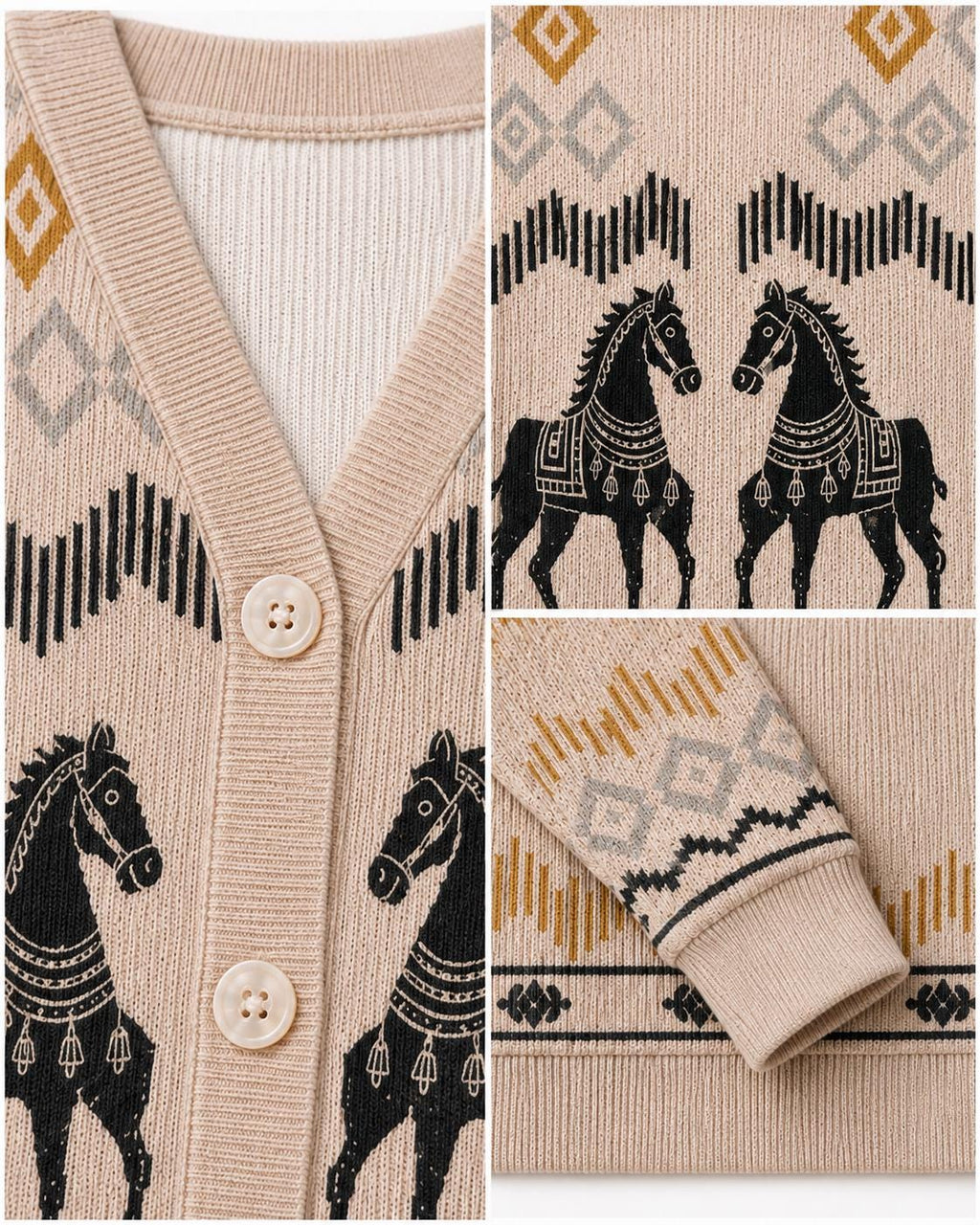 Beige Horse Knit Cardigan, Western Button Front Sweater, Diamond Border Detail