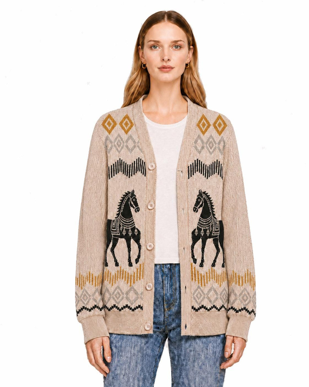 Beige Horse Knit Cardigan, Western Button Front Sweater, Diamond Border Detail