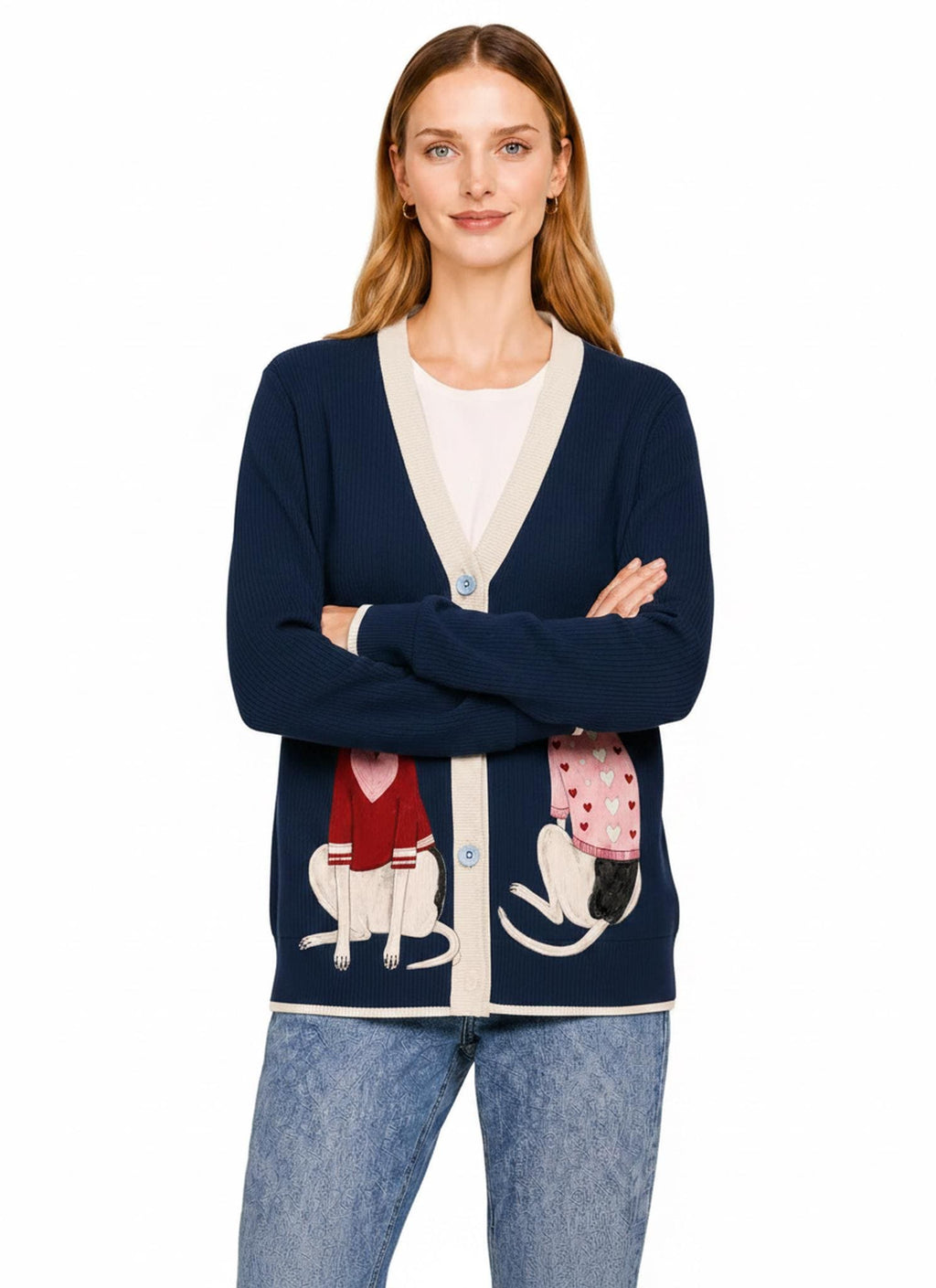 Navy Dog Knit Cardigan, Whippet Greyhound Sweater, Button Front Layering Top