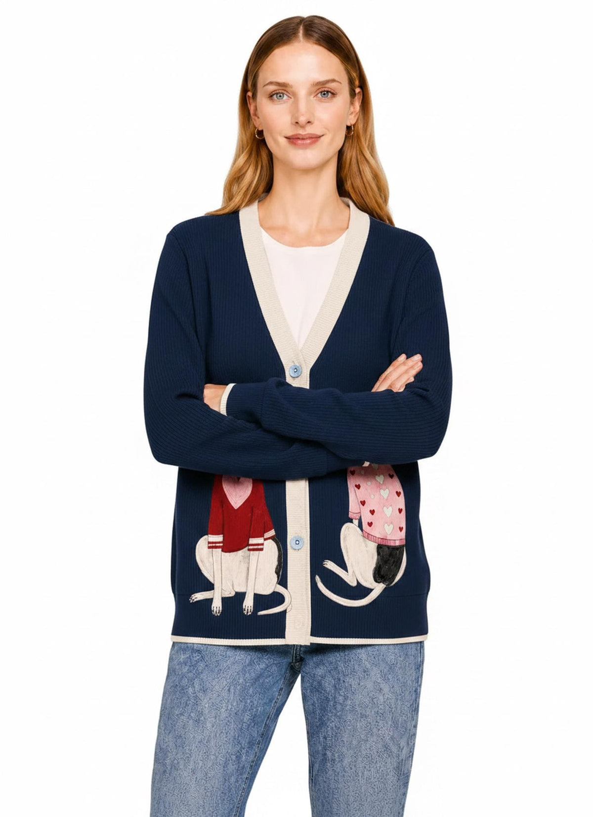 Navy Dog Knit Cardigan, Whippet Greyhound Sweater, Button Front Layering Top