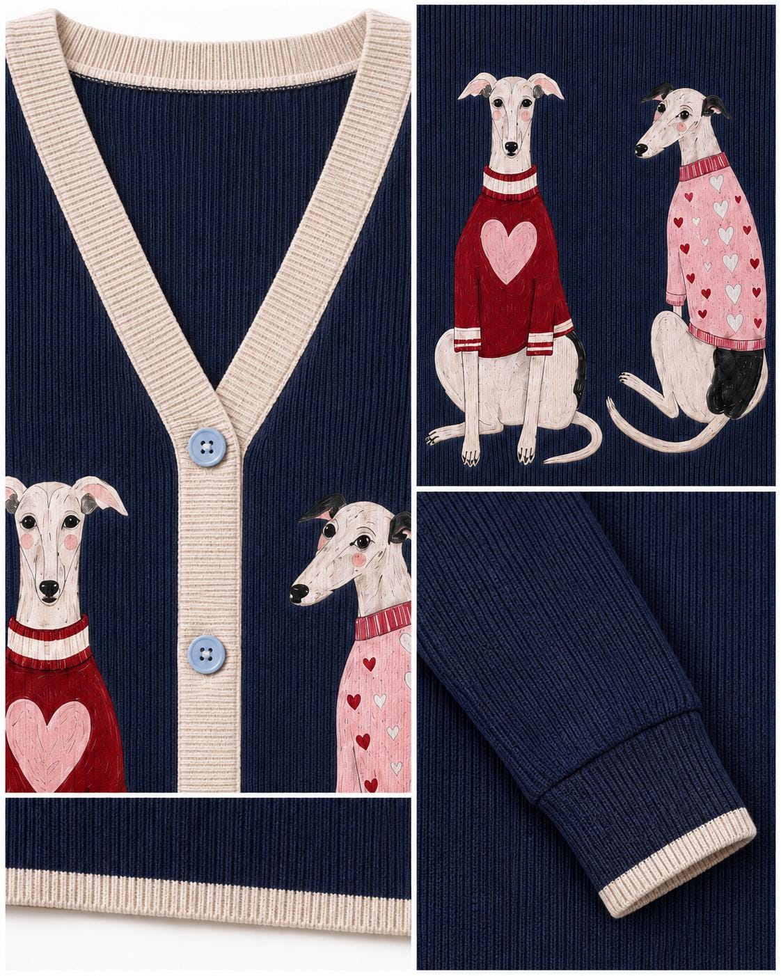 Navy Dog Knit Cardigan, Whippet Greyhound Sweater, Button Front Layering Top