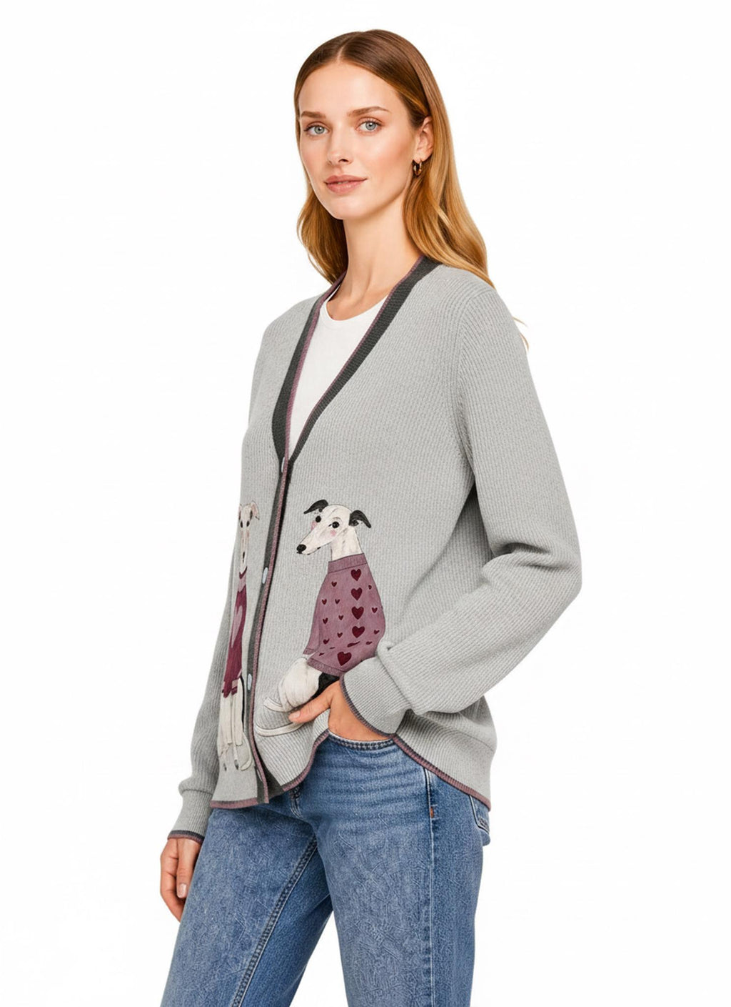 Gray Dog Knit Cardigan, Whippet Greyhound Sweater, Button Front Layering Top