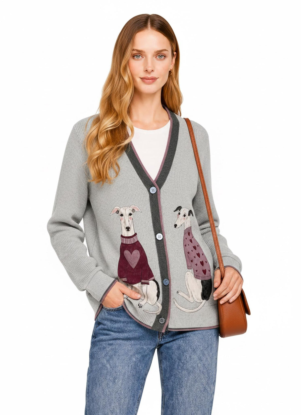 Gray Dog Knit Cardigan, Whippet Greyhound Sweater, Button Front Layering Top