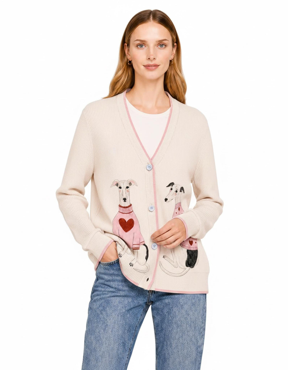 Gray Dog Knit Cardigan, Whippet Greyhound Sweater, Button Front Layering Top