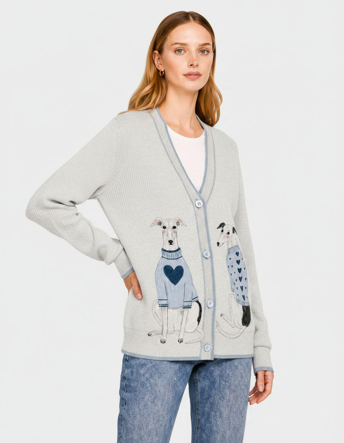 Gray Dog Knit Cardigan, Whippet Greyhound Sweater, Button Front Layering Top