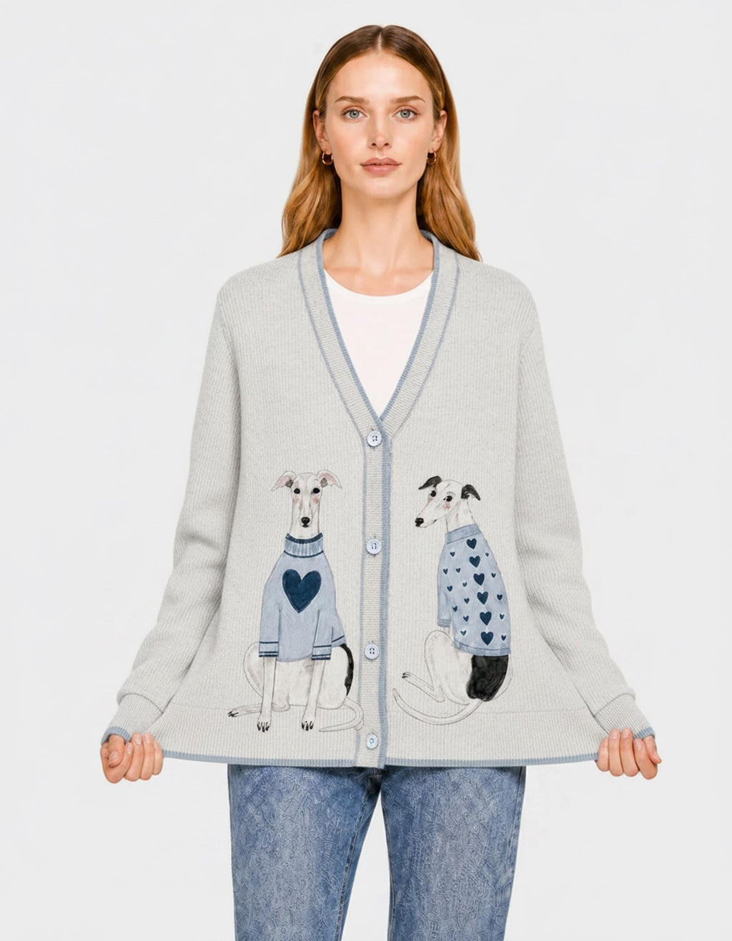 Gray Dog Knit Cardigan, Whippet Greyhound Sweater, Button Front Layering Top