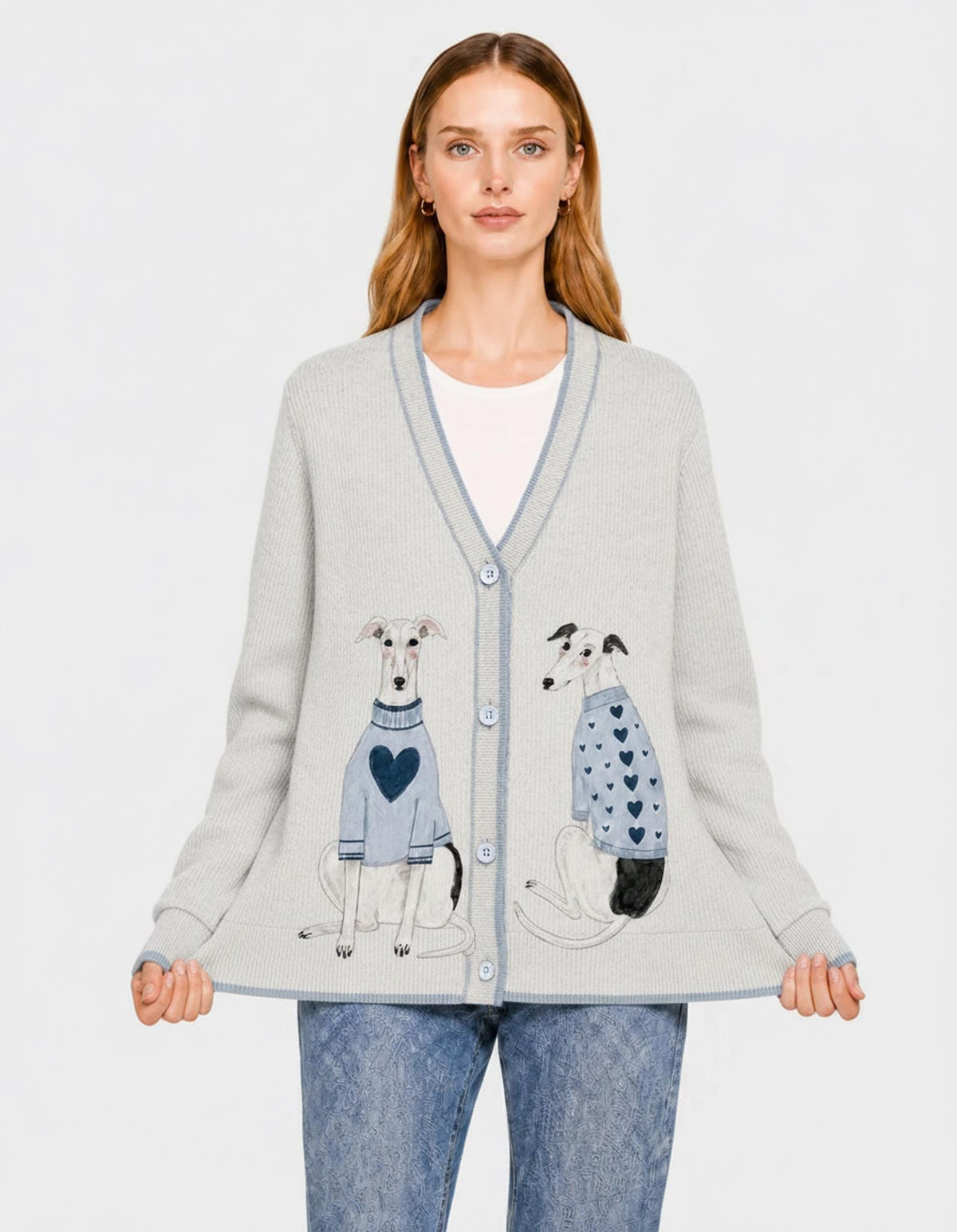 Gray Dog Knit Cardigan, Whippet Greyhound Sweater, Button Front Layering Top