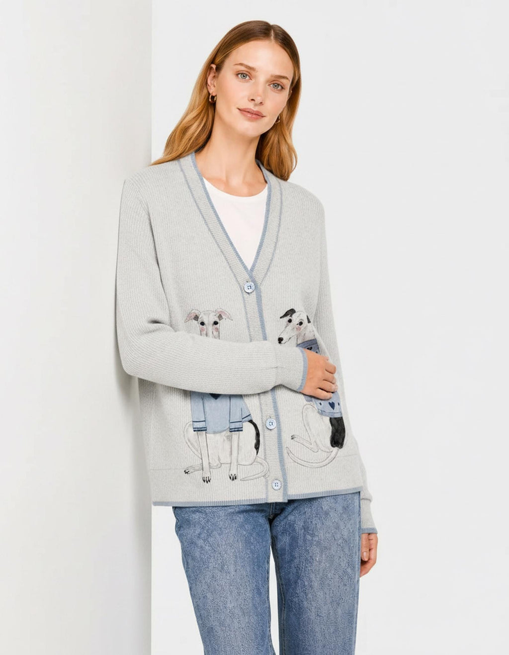 Gray Dog Knit Cardigan, Whippet Greyhound Sweater, Button Front Layering Top