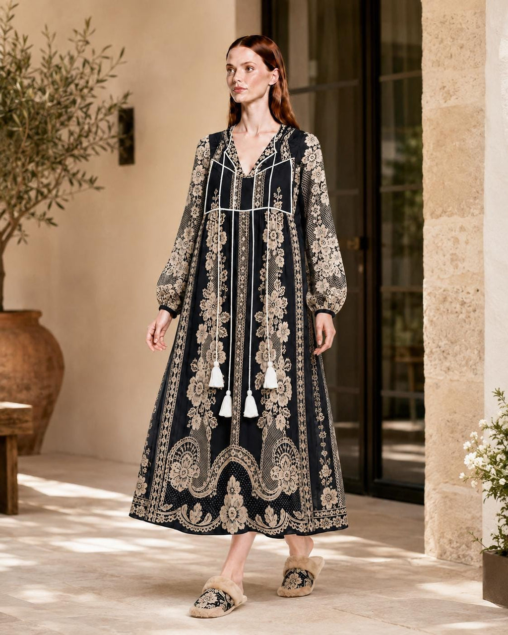 Black Lace Look Maxi Dress, Long Sleeve Boho Tassel Tie A-Line Vacation Resort Dress