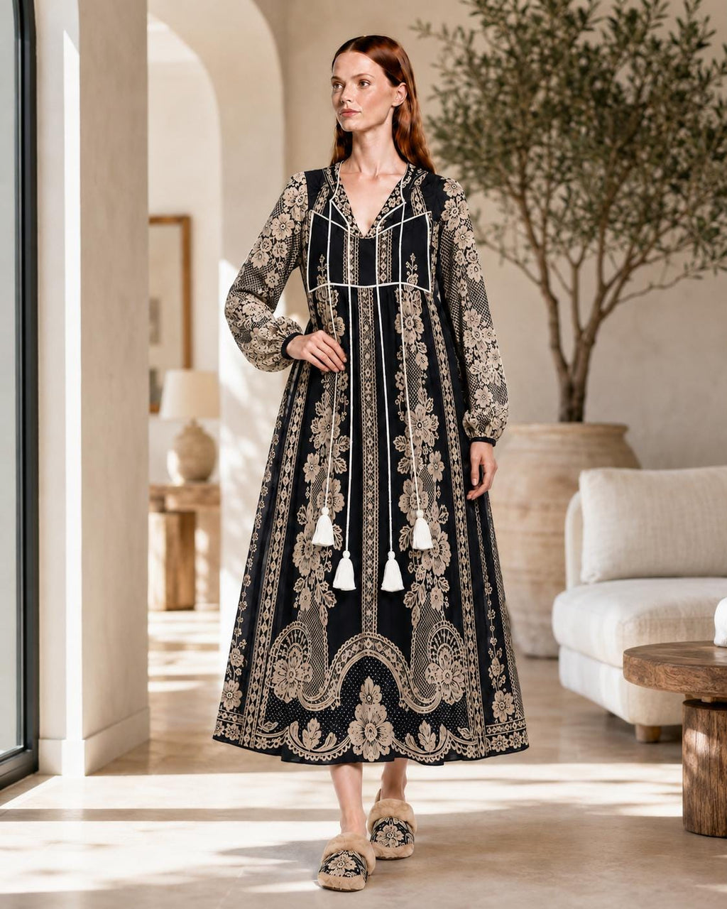 Black Lace Look Maxi Dress, Long Sleeve Boho Tassel Tie A-Line Vacation Resort Dress