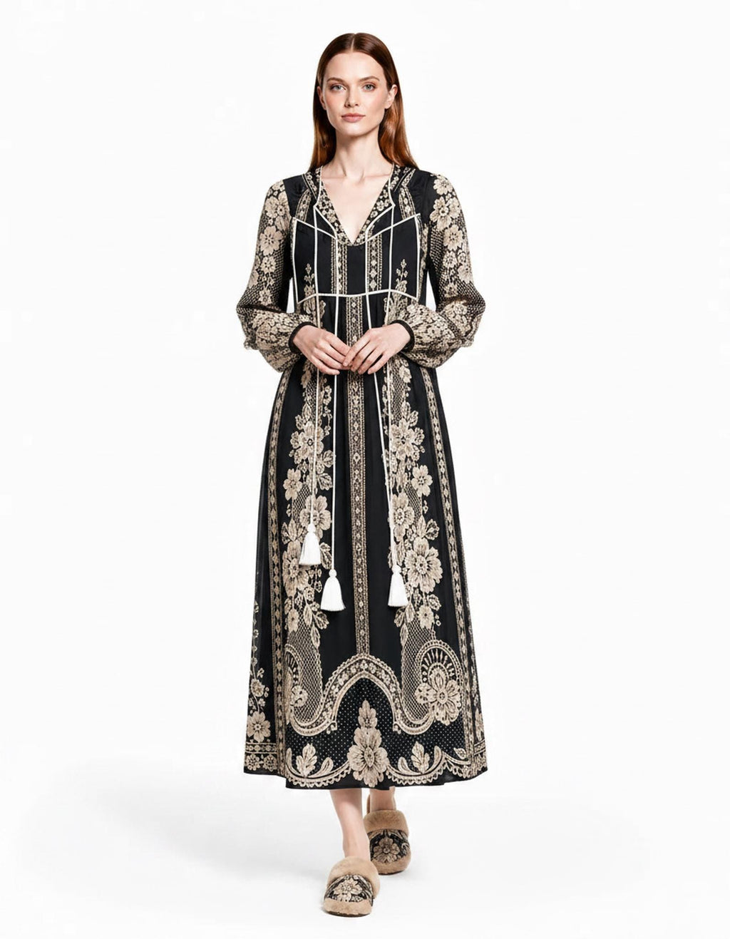 Black Lace Look Maxi Dress, Long Sleeve Boho Tassel Tie A-Line Vacation Resort Dress