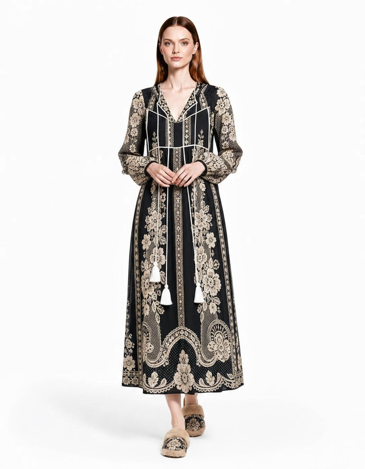 Black Lace Look Maxi Dress, Long Sleeve Boho Tassel Tie A-Line Vacation Resort Dress