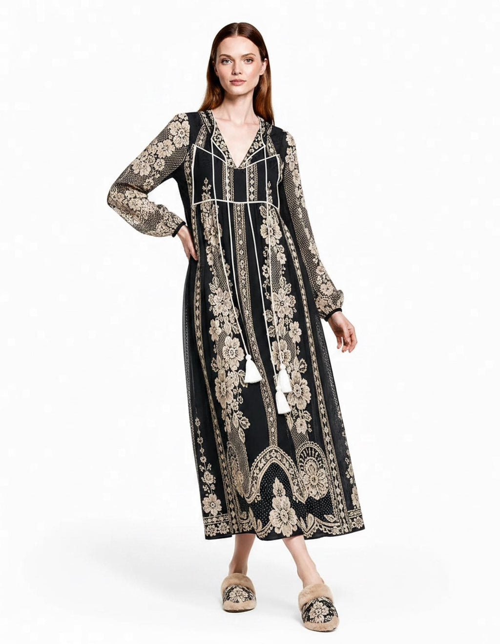 Black Lace Look Maxi Dress, Long Sleeve Boho Tassel Tie A-Line Vacation Resort Dress