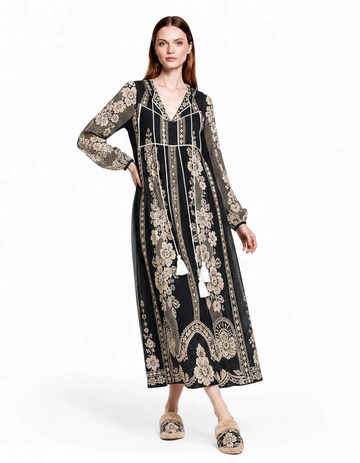 Black Lace Look Maxi Dress, Long Sleeve Boho Tassel Tie A-Line Vacation Resort Dress