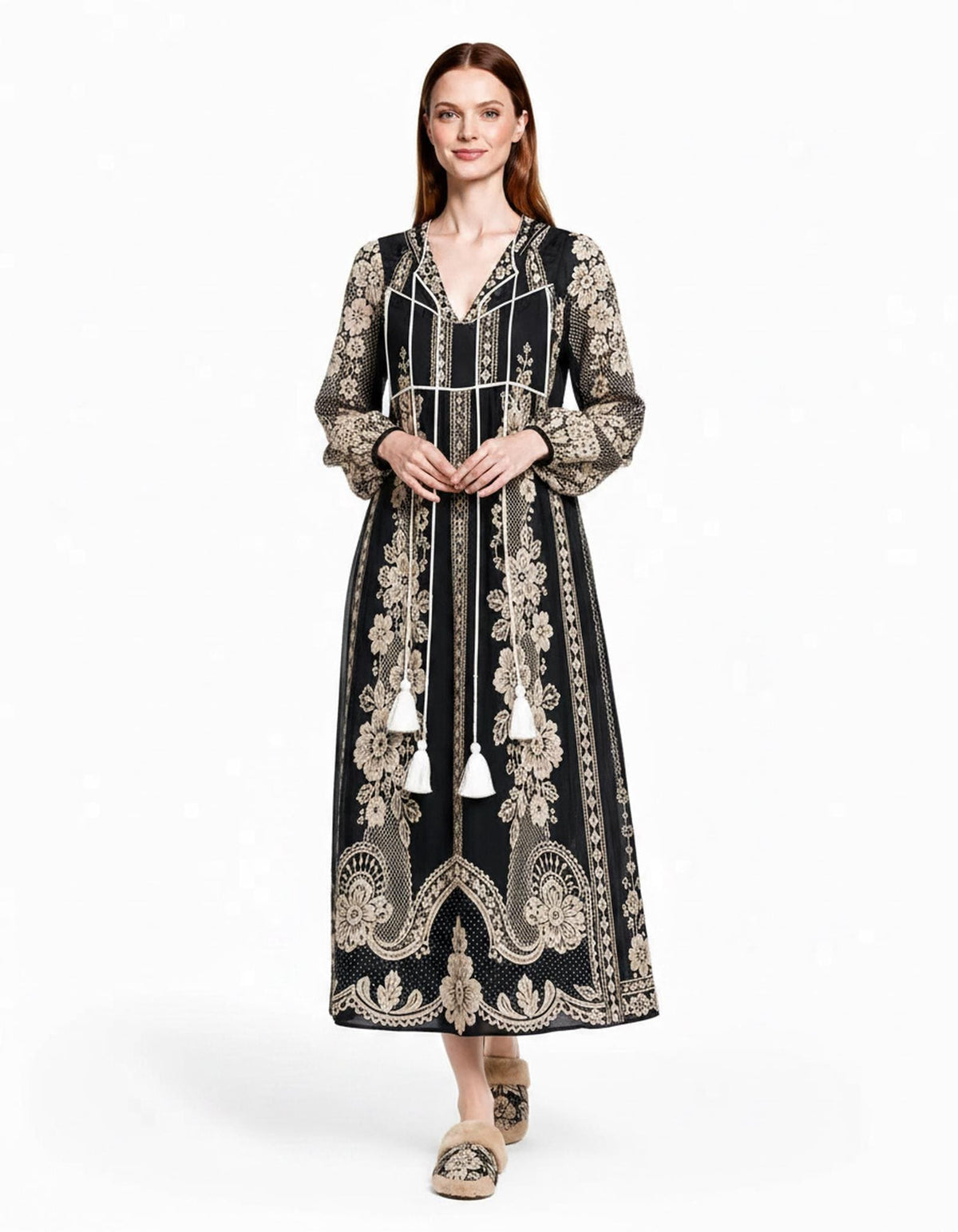 Black Lace Look Maxi Dress, Long Sleeve Boho Tassel Tie A-Line Vacation Resort Dress