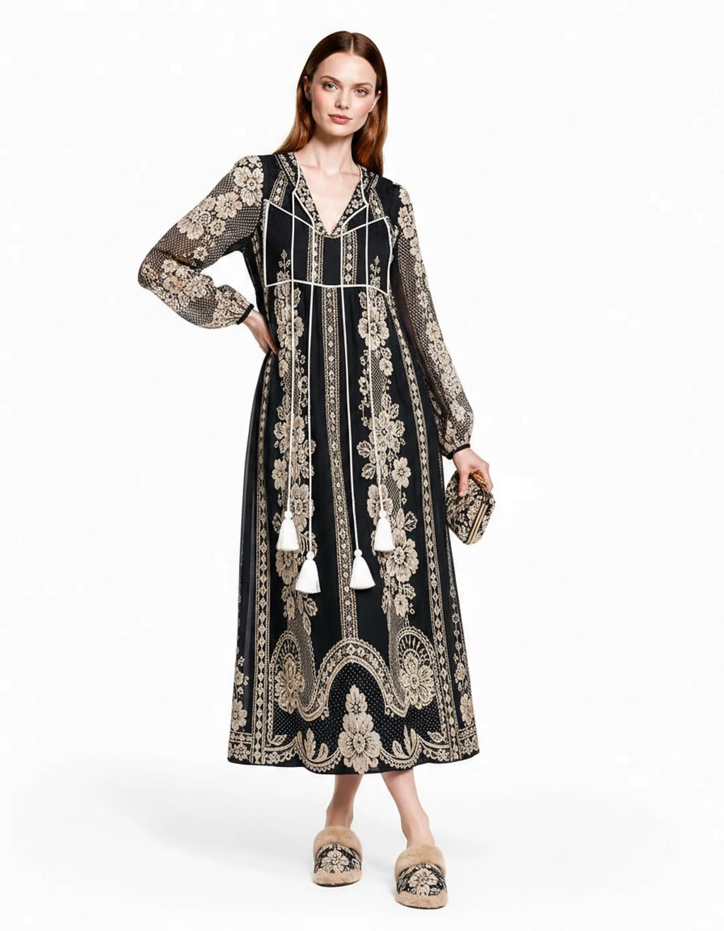 Black Lace Look Maxi Dress, Long Sleeve Boho Tassel Tie A-Line Vacation Resort Dress