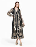 Black Lace Look Maxi Dress, Long Sleeve Boho Tassel Tie A-Line Vacation Resort Dress