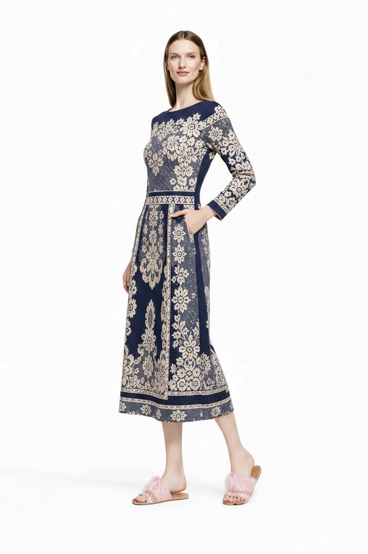 Navy Midi Dress, Lace Print A-Line, Long Sleeve Day Dress