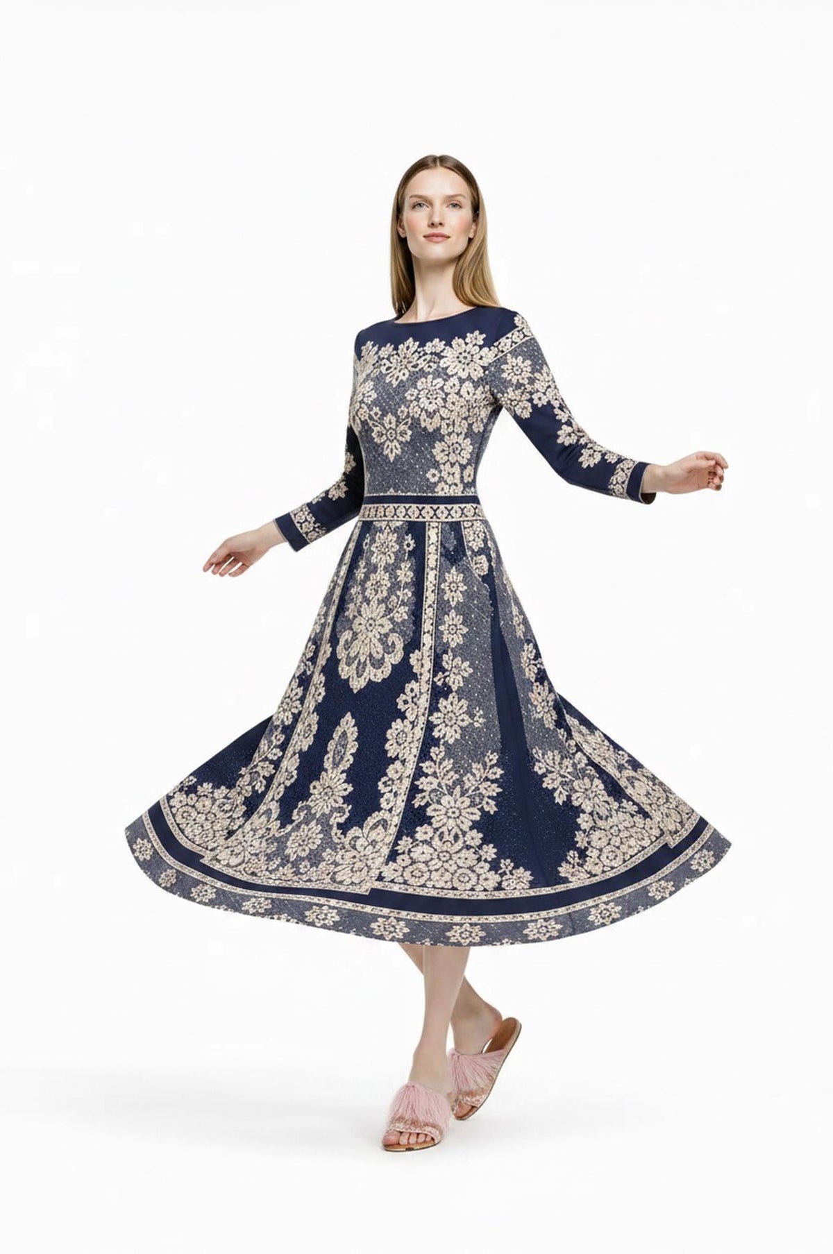 Navy Midi Dress, Lace Print A-Line, Long Sleeve Day Dress