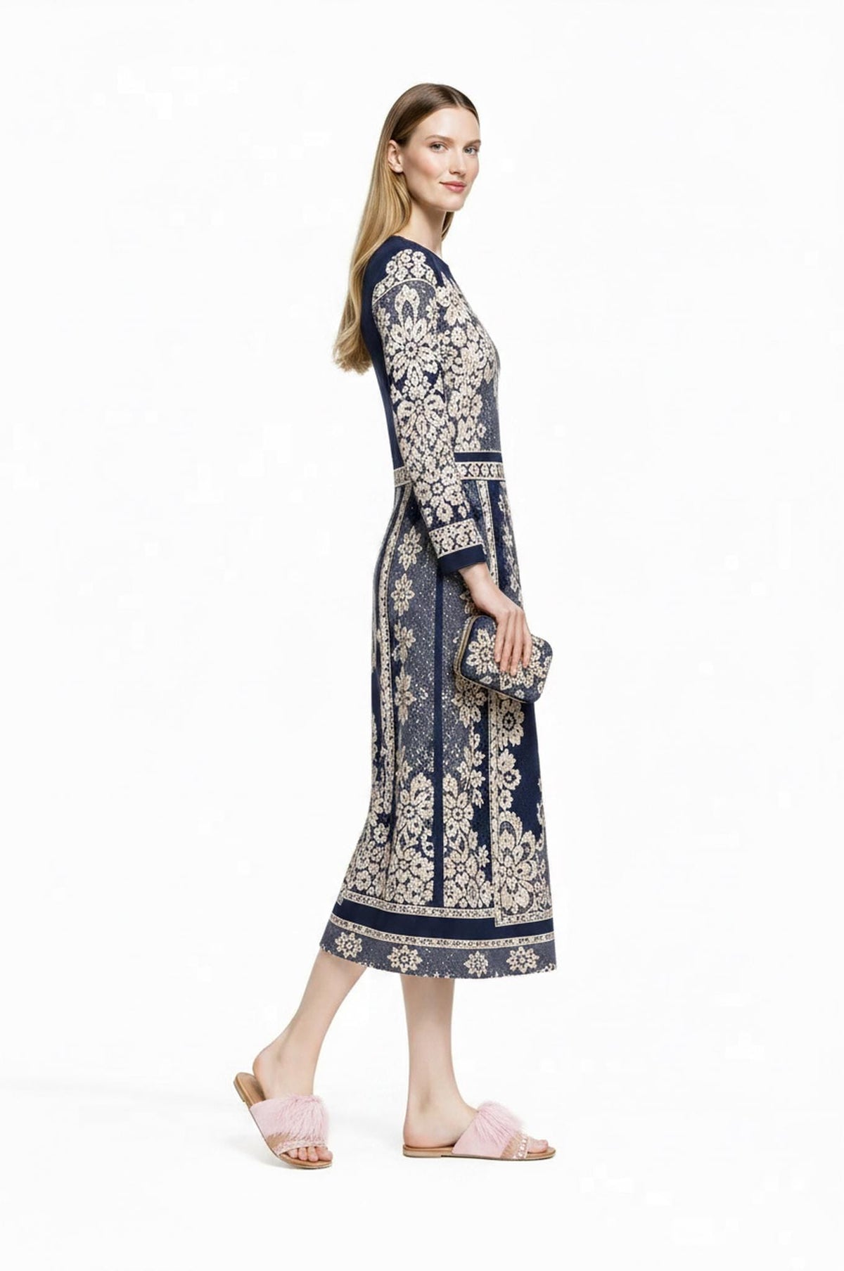 Navy Midi Dress, Lace Print A-Line, Long Sleeve Day Dress