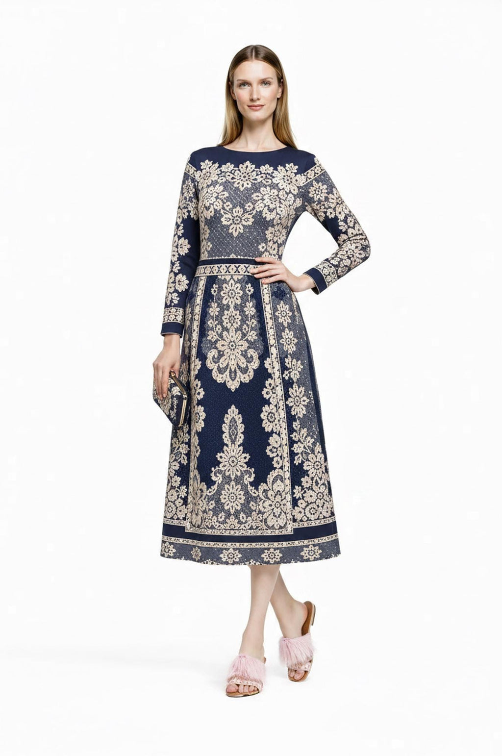 Navy Midi Dress, Lace Print A-Line, Long Sleeve Day Dress