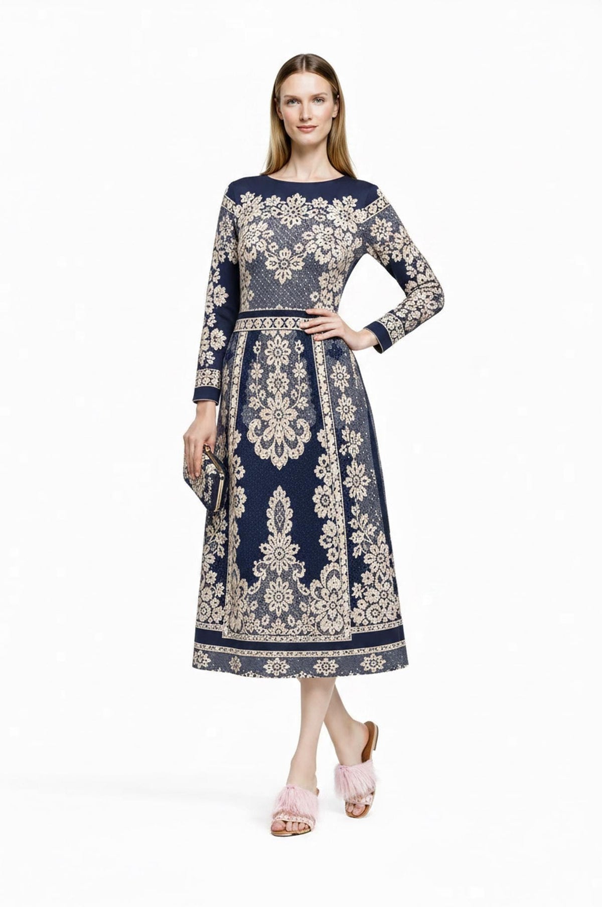 Navy Midi Dress, Lace Print A-Line, Long Sleeve Day Dress