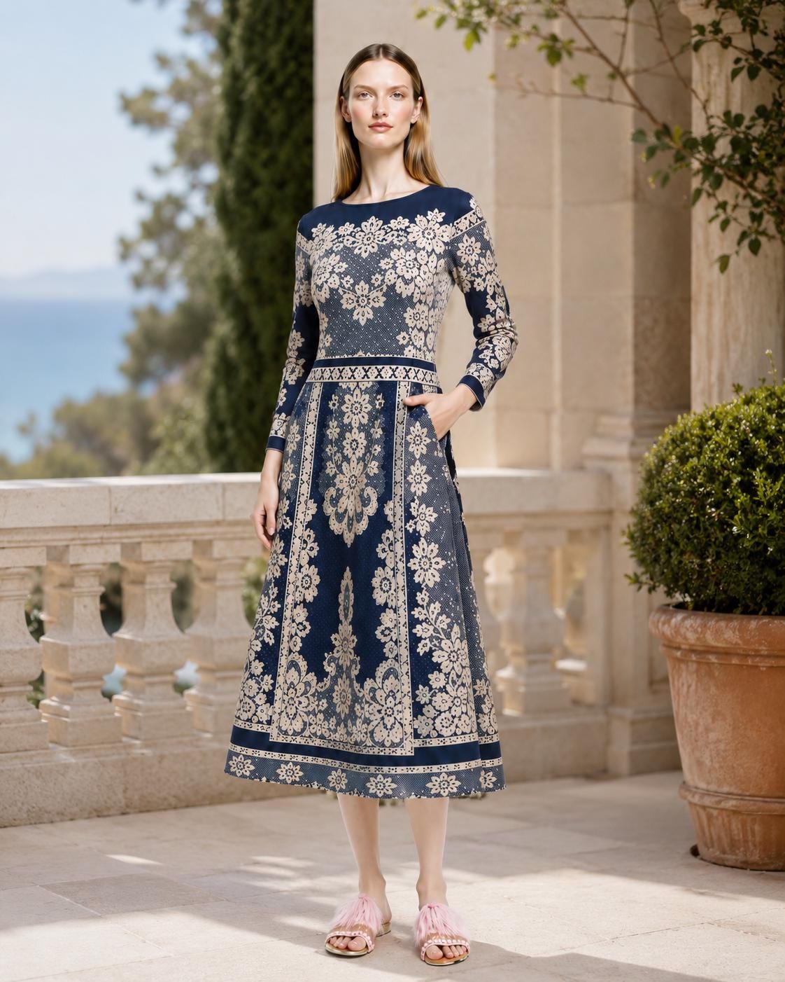 Navy Midi Dress, Lace Print A-Line, Long Sleeve Day Dress
