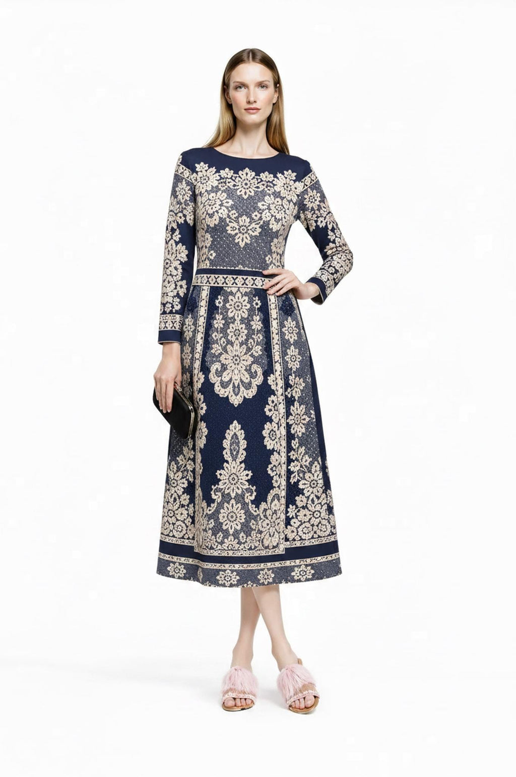 Navy Midi Dress, Lace Print A-Line, Long Sleeve Day Dress