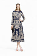 Navy Midi Dress, Lace Print A-Line, Long Sleeve Day Dress