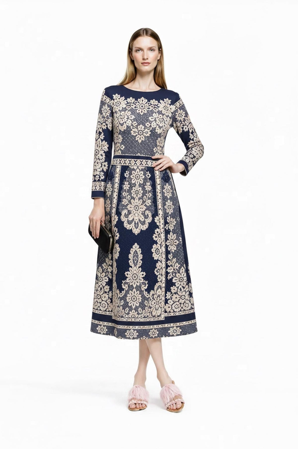 Navy Midi Dress, Lace Print A-Line, Long Sleeve Day Dress